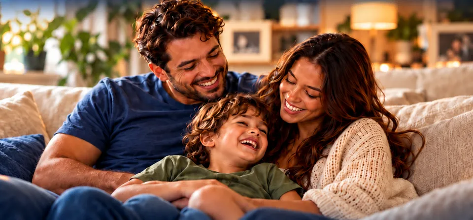 Pai, mãe e filho sorrindo juntos no sofá