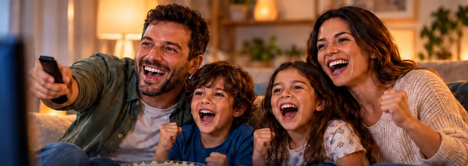 Família vibrando assistindo TV no sofá