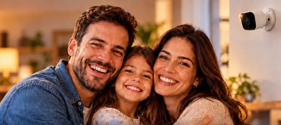 Família abraçada em casa, com uma câmera de segurança na parede